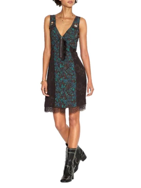 Coach Dresses & Skirts - Coach Retro Floral Slip Dress Lace Hem Black Green Size 0 NWT